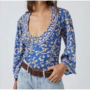 Free People On The Block cotton batik print wide-sleeve Blue Floral Large‎ Top